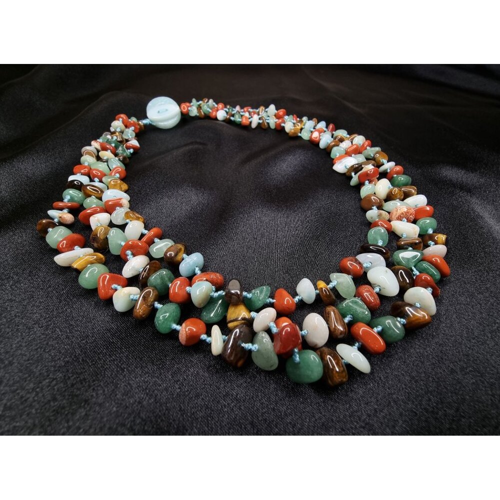 Natural Stones Multicolor Beaded Necklace With Jade Button Clasp